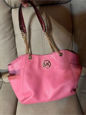 Michael Kors Pink Leather Tote with Gold Chain Handles